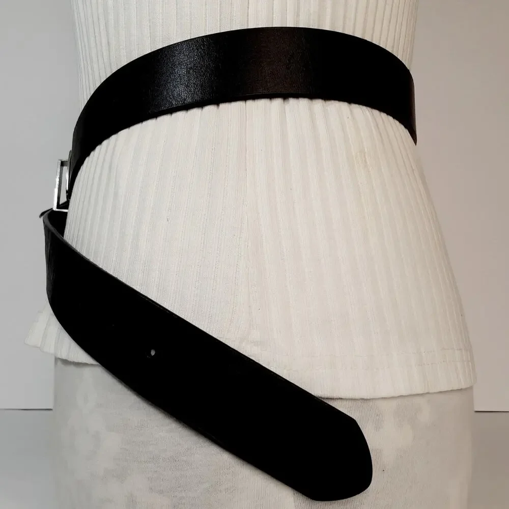 Coldwater Creek Black Wide Leather Belt Size Medium Geometric Buckle Basic